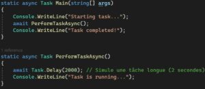 Un exemple de code qui démontre comment utiliser les mot clés async et await dans le code C Sharp.